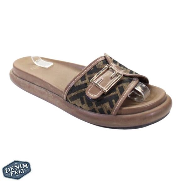Fendi Brown Wide-Band Leather Zucca FF Logo Monogram Flat Slides | Size: 8 - Picture 2 of 16